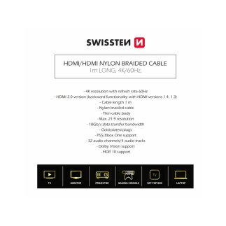 SWISSTEN Καλώδιο HDMI 2 μέτρα σε HDMI 4K 60Hz 8595217484634
