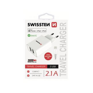 SWISSTEN Κύριος Φορτιστής με 2x USB, Έξυπνη Τεχνολογία IC, 2,1A, Πιστοποίηση MFi Λευκό 8595217464421