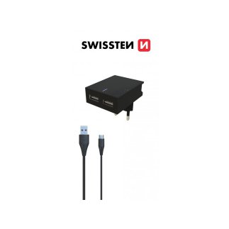 SWISSTEN Λεπτός Ταξιδιωτικός Φορτιστής, 3A, 2xUSB + Καλώδιο USB/USB-C Μαύρο 8595217463288