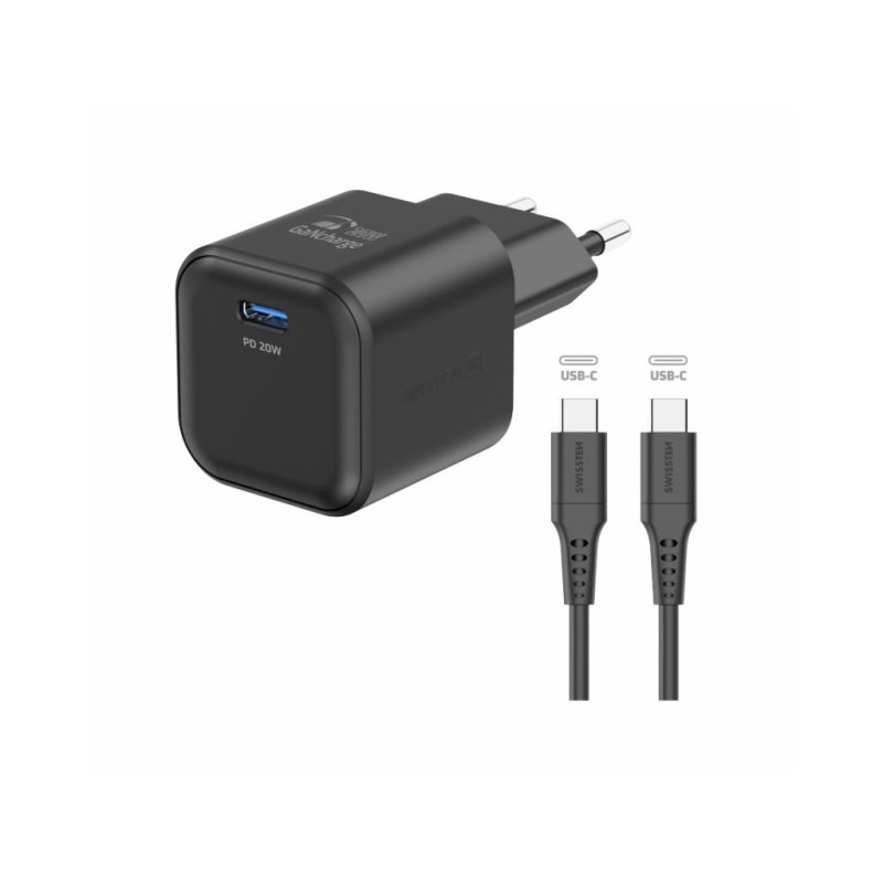 SWISSTEN GaN 1x USB-C 20W Παροχή Ενέργειας + Καλώδιο Δεδομένων USB-C/USB-C 1.2 μ. Μαύρο 8595217484382