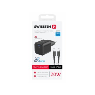 SWISSTEN GaN 1x USB-C 20W Παροχή Ενέργειας + Καλώδιο Δεδομένων USB-C/USB-C 1.2 μ. Μαύρο 8595217484382