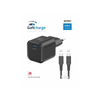 SWISSTEN GaN 1x USB-C 20W Παροχή Ενέργειας + Καλώδιο Δεδομένων USB-C/USB-C 1.2 μ. Μαύρο 8595217484382