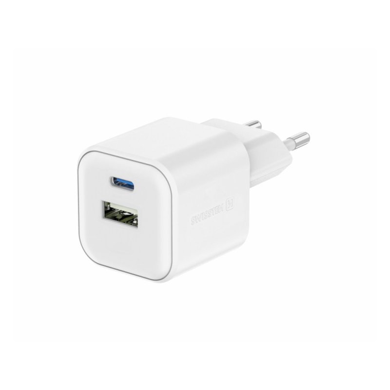 SWISSTEN Γρήγορος Φορτιστής GaN: 1x USB-C 35W PD και 1x USB-A 27W QC Λευκό 8595217484481