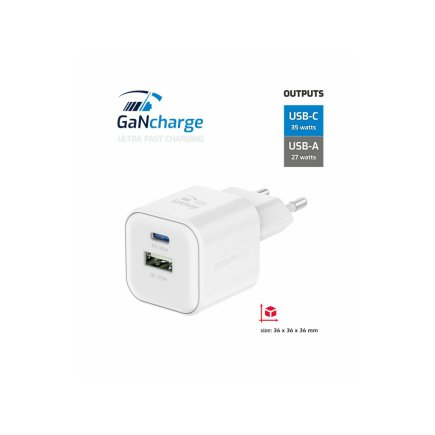 SWISSTEN Γρήγορος Φορτιστής GaN: 1x USB-C 35W PD και 1x USB-A 27W QC Λευκό 8595217484481