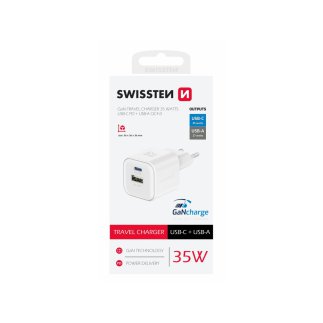 SWISSTEN Γρήγορος Φορτιστής GaN: 1x USB-C 35W PD και 1x USB-A 27W QC Μαύρο 8595217484498