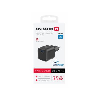 SWISSTEN Προσαρμογέας Ρεύματος GaN 1x USB-C 35W Power Delivery Μαύρο 8595217484436