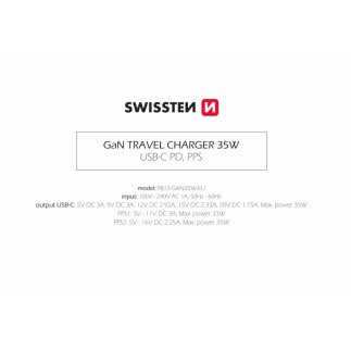 SWISSTEN Προσαρμογέας Ρεύματος GaN 1x USB-C 35W Power Delivery Μαύρο 8595217484436