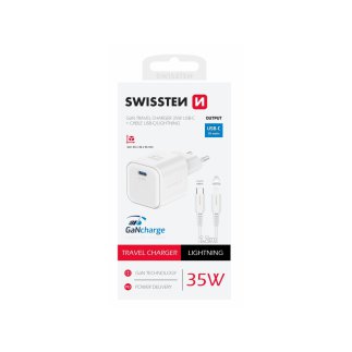 SWISSTEN Μικρό και Ισχυρό Πολλαπλό GaN Δίκτυο Φορτίου 35W με USB-C + Καλώδιο Δεδομένων USB-C/Lightning 1.2 μ. Λευκό 859521748446