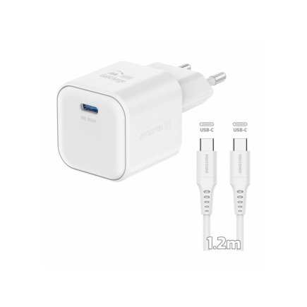 SWISSTEN Φορτιστής GaN 1x USB-C 35W με Υποστήριξη Γρήγορης Φόρτισης και Καλώδιο Δεδομένων USB-C/USB-C 1.2 μ Λευκό 8595217484443