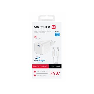 SWISSTEN Φορτιστής GaN 1x USB-C 35W με Υποστήριξη Γρήγορης Φόρτισης και Καλώδιο Δεδομένων USB-C/USB-C 1.2 μ Λευκό 8595217484443
