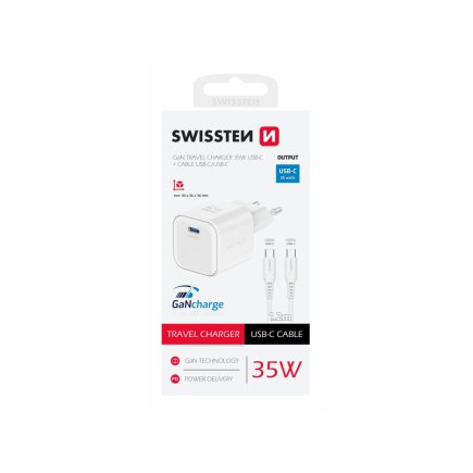 SWISSTEN Φορτιστής GaN 1x USB-C 35W με Υποστήριξη Γρήγορης Φόρτισης και Καλώδιο Δεδομένων USB-C/USB-C 1.2 μ Λευκό 8595217484443