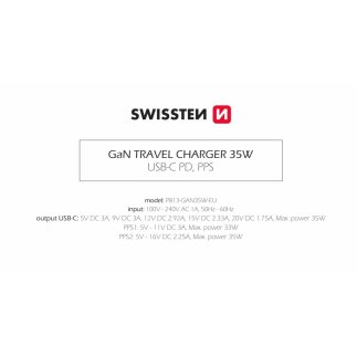 SWISSTEN Φορτιστής GaN 1x USB-C 35W με Υποστήριξη Γρήγορης Φόρτισης και Καλώδιο Δεδομένων USB-C/USB-C 1.2 μ Λευκό 8595217484443