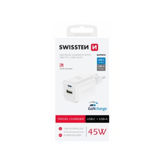 SWISSTEN Προηγμένος Φορτιστής GaN με 1x USB-C 45W PD και 1x USB-A 18W QC Λευκό 8595217484504