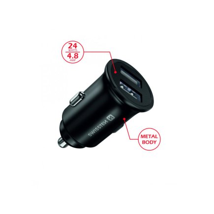 SWISSTEN Φορτιστής Αυτοκινήτου με 2 θύρες USB, 4,8 Α, Μεταλλικό Μαύρο 8595217478770