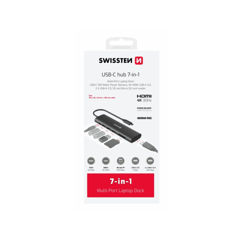 SWISSTEN Πολυαντάπτορας USB-C 7 σε 1 (USB-C 100W, HDMI 4K, 1x USB-A 3.0, 2x USB-A 2.0, SD, MICRO SD) σε Αλουμινένια Κατασκευή 85