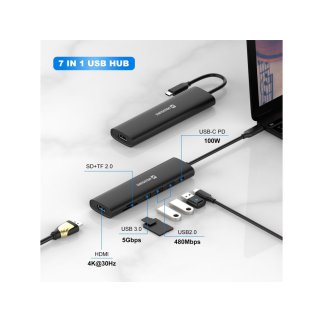 SWISSTEN Πολυαντάπτορας USB-C 7 σε 1 (USB-C 100W, HDMI 4K, 1x USB-A 3.0, 2x USB-A 2.0, SD, MICRO SD) σε Αλουμινένια Κατασκευή 85