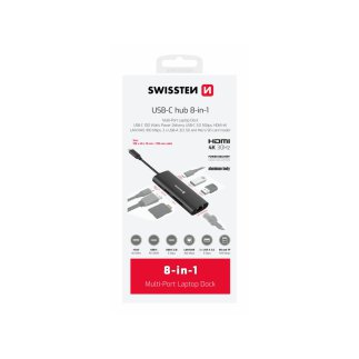 SWISSTEN USB-C Hub 8-in-1 (USB-C 100W, HDMI 4K, LAN RJ45, 2x USB-A, 1x USB-C 5Gbps, SD, MICRO SD), Αλουμινένια Κατασκευή 8595217