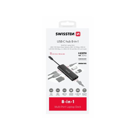 SWISSTEN USB-C Hub 8-in-1 (USB-C 100W, HDMI 4K, LAN RJ45, 2x USB-A, 1x USB-C 5Gbps, SD, MICRO SD), Αλουμινένια Κατασκευή 8595217