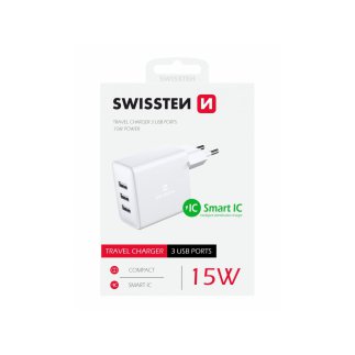 SWISSTEN Φορτιστής Ταξιδιού με 3 Θύρες USB-A, 3Α, 15W, Λευκός 8595217476615