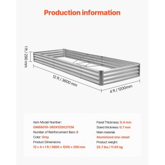 VEVOR Μεταλλικό Υπερυψωμένο Παρτέρι 3.6 x 1.2 x 0.3 μ. από Γαλβαλουμένιο Υλικό για Καλλιέργεια Λαχανικών, Λουλουδιών & Παχύφυτων
