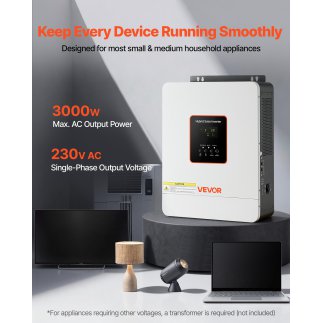 VEVOR Υβριδικός Ηλιακός Αντιστροφέας 3000W, 24V DC σε 230V AC, Καθαρού Ημιτόνου με Φορτιστή, Ενσωματωμένο Ελεγκτή MPPT 80A, Συμβ