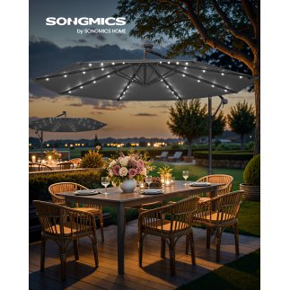SONGMICS Ομπρέλα Κήπου Cantilever 3μ με LED Φωτισμό και Βάση, Γκρι, φ300×245cm GPU118G01V1