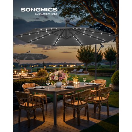 SONGMICS Ομπρέλα Κήπου Cantilever 3μ με LED Φωτισμό και Βάση, Γκρι, φ300×245cm GPU118G01V1
