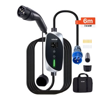 VEVOR Φορητός φορτιστής ηλεκτρικού οχήματος 7.4 kW, 32A, Τύπος 2, μονοφασικός με καλώδιο 6 μέτρων, βύσμα CEE, οθόνη LCD, ρυθμιζό