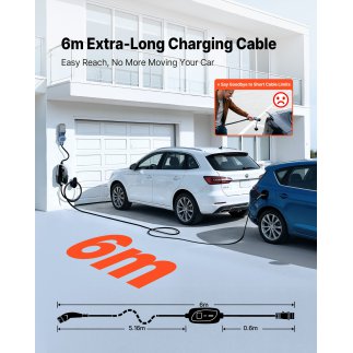 VEVOR Φορητός φορτιστής ηλεκτρικού οχήματος 7.4 kW, 32A, Τύπος 2, μονοφασικός με καλώδιο 6 μέτρων, βύσμα CEE, οθόνη LCD, ρυθμιζό