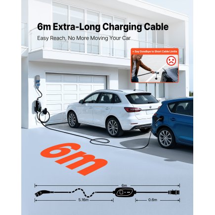 VEVOR Φορητός φορτιστής ηλεκτρικού οχήματος 7.4 kW, 32A, Τύπος 2, μονοφασικός με καλώδιο 6 μέτρων, βύσμα CEE, οθόνη LCD, ρυθμιζό