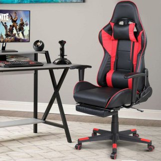 BAKAJI  Καρέκλα Πολυθρόνα Gaming Γραφείου Σπιτιού Ανακλινόμενη με Υποπόδιο Κόκκινη  02837447