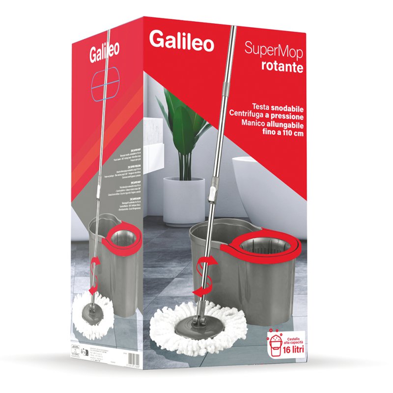 Galileo Super Mop περιστρεφόμενο, 16 λίτρα, επεκτάσιμος σωλήνας έως 110 εκ, μικροϊνες σε γκρι και κόκκινο χρώμα 5917609