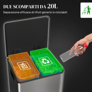 HOMCOM Κάδος Απορριμμάτων με 2 Διαμερίσματα 20L με Πεντάλ και Αθόρυβο Καπάκι από Ανοξείδωτο Ατσάλι και PP 41.8x36.7x58 cm 851-03