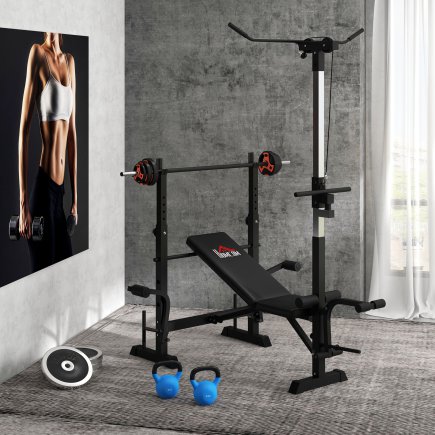 HOMCOM Πάγκος Γυμναστικής με Leg Press, Squat Rack και Leg Extension, από Ατσάλι και PU, 180x134x200 εκ., Μαύρο και Ασημί A91-20