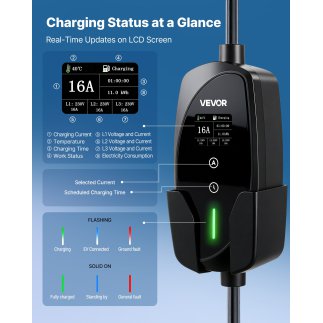 VEVOR Φορητός Φορτιστής Αυτοκινήτου Τύπου 2, 11 kW 16A, 3 Φάσεων με Καλώδιο 8 μέτρα και Οθόνη LCD, CEE16, IP66. OGBXCDQPM11KC6E7