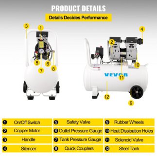 Συμπιεστής Αέρος VEVOR 11L, 1HP, Αθόρυβος, Χωρίς Λάδι, 8 bar  WSKYJ750-50L00001V2