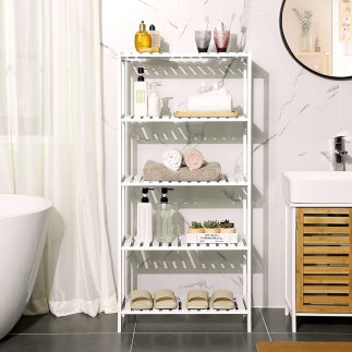 SONGMICS Ράφι Αποθήκευσης Μπάνιου 5 Επιπέδων 60 x 26 x 130 cm από Μπαμπού, Λευκό, BCB35WT 