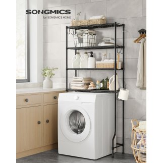 SONGMICS 4 Επίπεδα Ράφι Μπάνιου, Μεταλλικό, Ρυθμιζόμενα Ράφια, 4 Γάντζοι, Μαύρο 