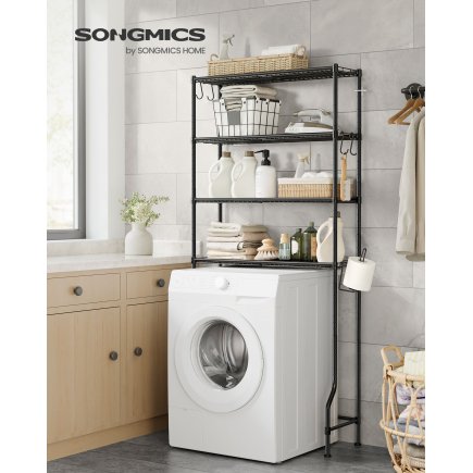 SONGMICS 4 Επίπεδα Ράφι Μπάνιου, Μεταλλικό, Ρυθμιζόμενα Ράφια, 4 Γάντζοι, Μαύρο 