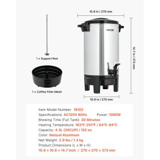 VEVOR Επαγγελματική Καφετιέρα 4.5L, 30 Κούπες, 1190W, 183℉-201℉ SYKFT30CUPSWUUJ56001V2