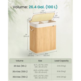 Songmics Καλάθι Απλύτων Μπαμπού 100 L με 2 Θήκες, Καπάκι και Αφαιρούμενη Πλενόμενη Εσωτερική Τσάντα, Φυσικό LCB074Y01V1