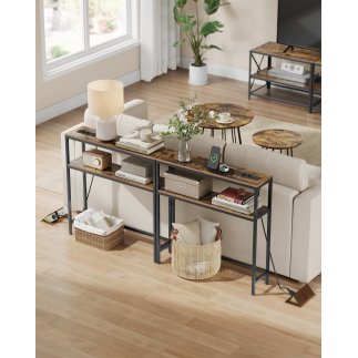 VASAGLE Κονσόλα με 2 ράφια και σταθμό φόρτισης, 20x80x80 εκ., vintage καφέ/μαύρο, για σαλόνι, χολ, είσοδο LNT135KD01