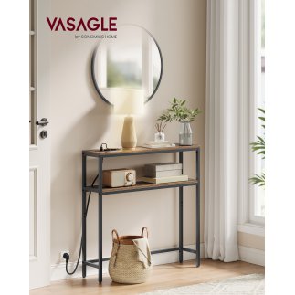 VASAGLE Κονσόλα με 2 ράφια και σταθμό φόρτισης, 20x80x80 εκ., vintage καφέ/μαύρο, για σαλόνι, χολ, είσοδο LNT135KD01
