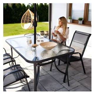 MULTIGARDEN Γυάλινο τραπέζι κήπου 120x70 εκ. για βεράντα ή κήπο, με tempered γυαλί και τρύπα για ομπρέλα MultiGarden SC-094-120