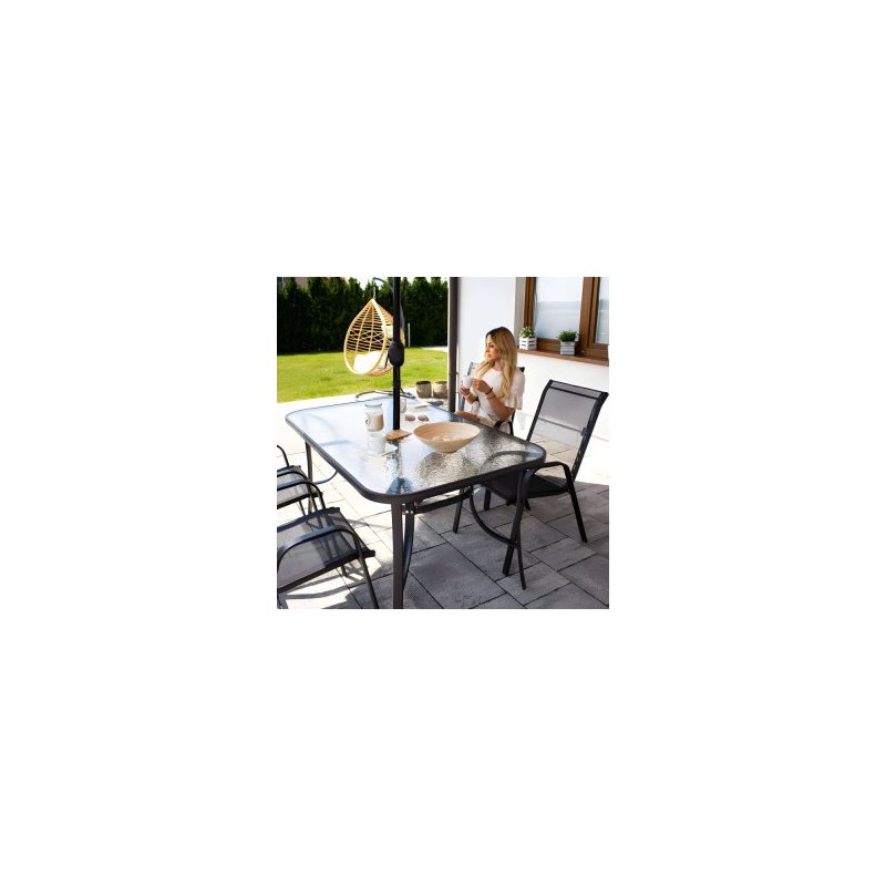 MULTIGARDEN Γυάλινο τραπέζι κήπου 120x70 εκ. για βεράντα ή κήπο, με tempered γυαλί και τρύπα για ομπρέλα MultiGarden SC-094-120