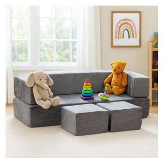 ECOTOYS Διπλός παιδικός αρθρωτός καναπές DIY με 4 μαλακά μαξιλάρια - γκρι ECOTOYS TMSRT-16-GY