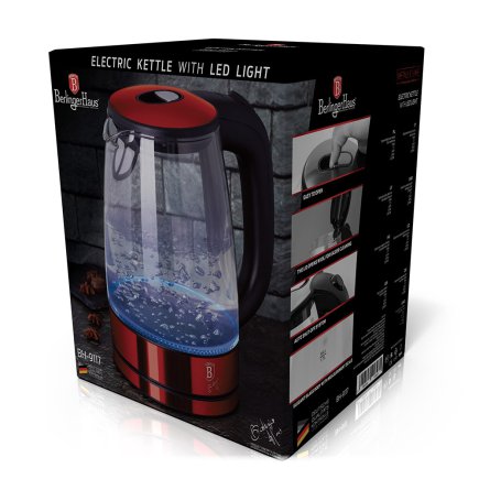 Berlinger Haus Γυάλινος Ηλεκτρικός Βραστήρας 2200W 1.7lt με Led Φωτισμό, Metallic Line Burgundy Edition BH-9117