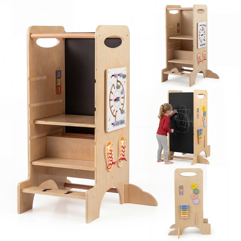 Costway 4 σε 1 Πύργος Μάθησης από Ξύλο Οξιάς Montessori Σκαμνί με 3 Ρυθμιζόμενα Ύψη & Αποσπώμενο Πίνακα 90 x 73 x 57,5 cm HY1036